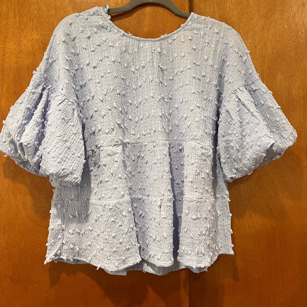 NWT VERY J CRINKLE POM POM KNIT PUFF SLEEVE BABYDOLL TOP